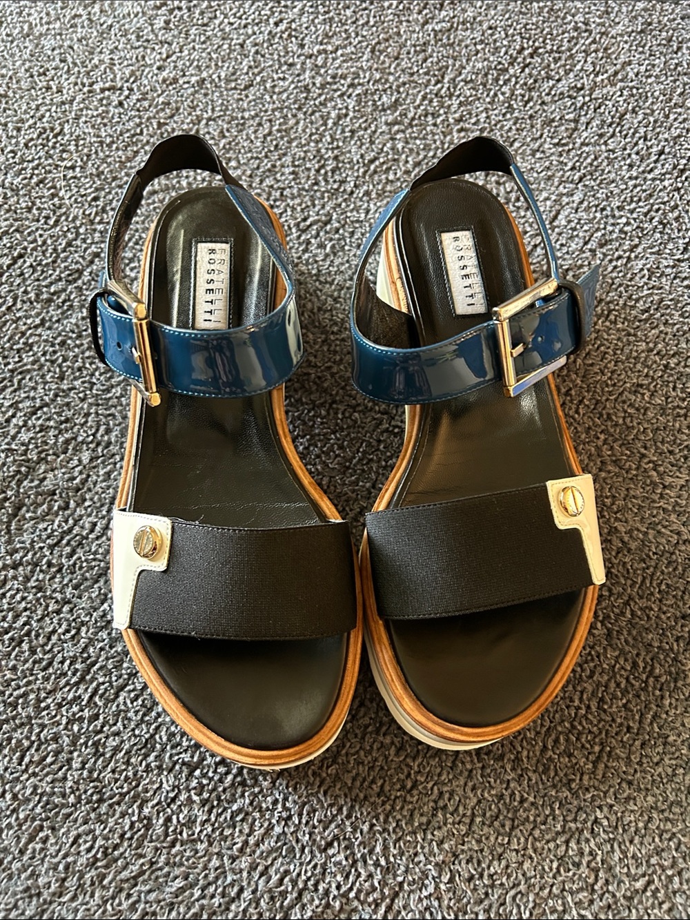 Fratelli Rossetti Navy Patent and Black Slingback platform sandals